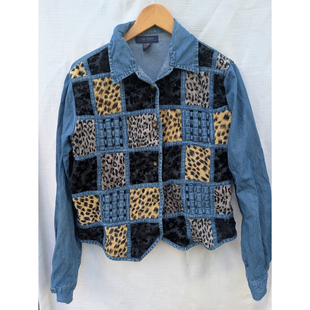 Life Stride Vintage Womens Patchwork Button Up Denim Shirt Sz L 90s Animal Print